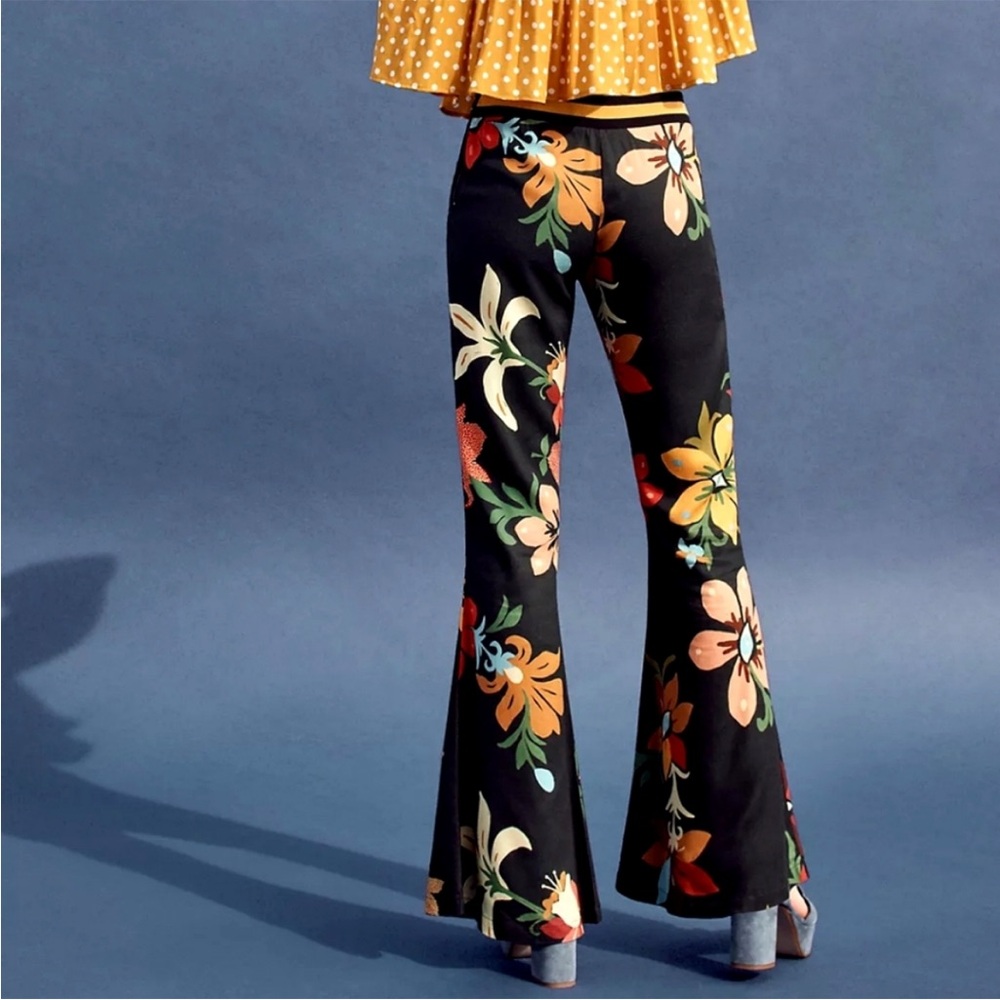 Farm Rio Calla Flared Pants Black Floral Size XS Anthropologie - Picture 11 of 14